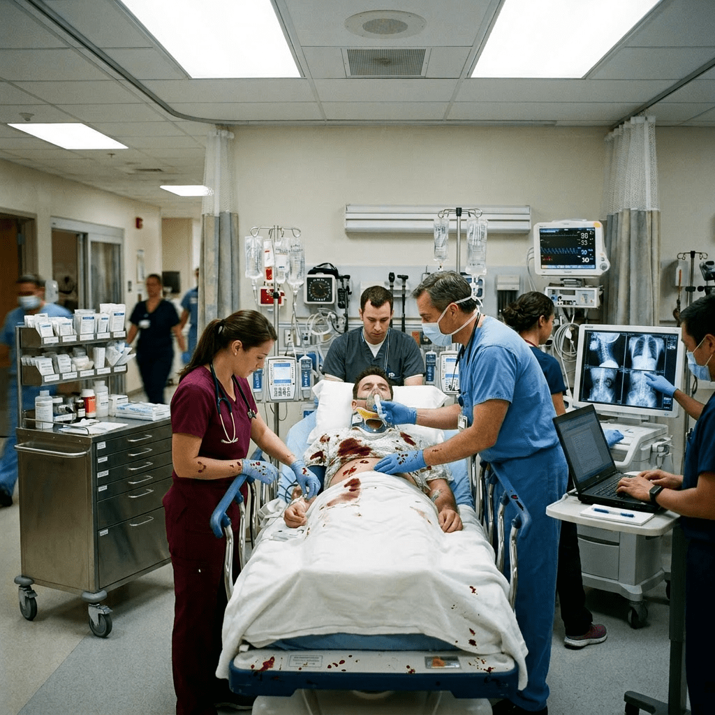 Healthcare professionals providing emergency treatment to a patient on a hospital bed