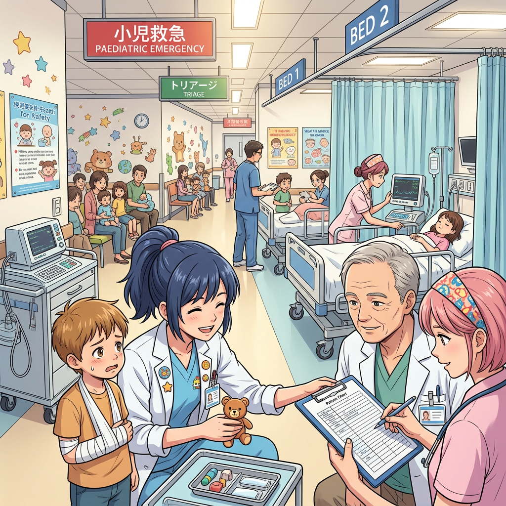 Medical staff attending to children in a pediatric emergency room with parents waiting