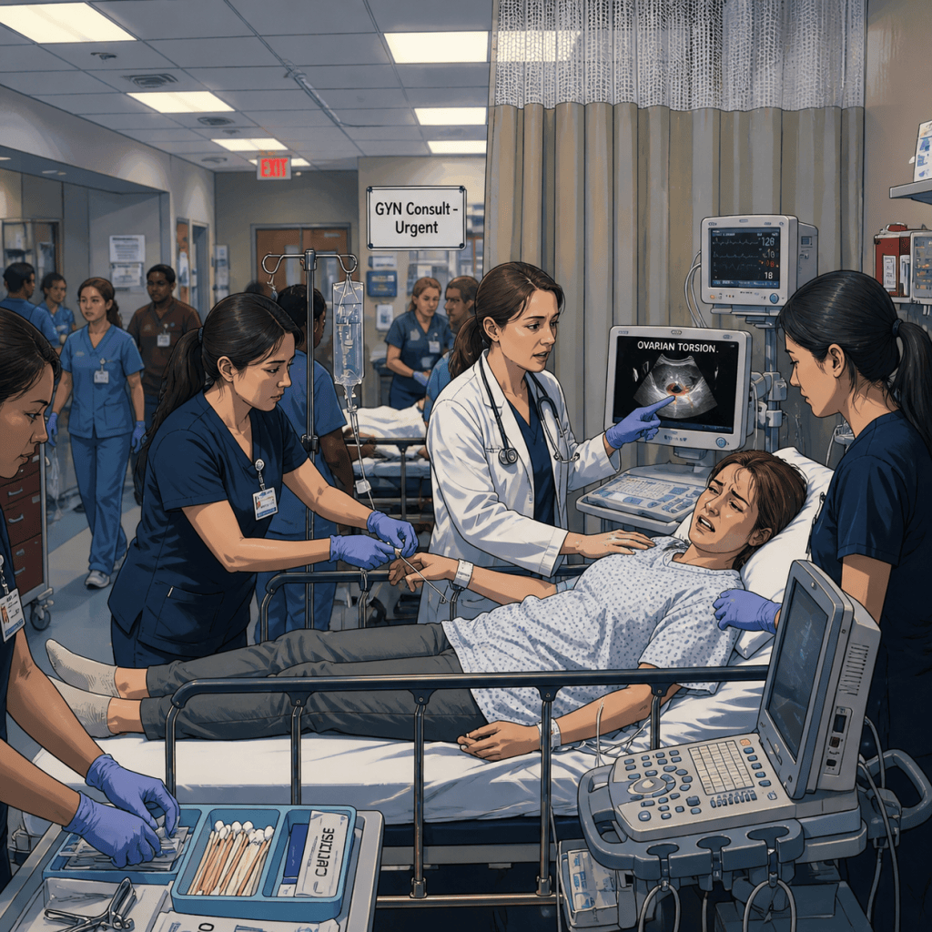 Healthcare staff treating a patient on a hospital stretcher